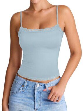 Women's Sexy Square Neck Lace Cami Tank Tops Fitted Double Lined Sleeveless - XL